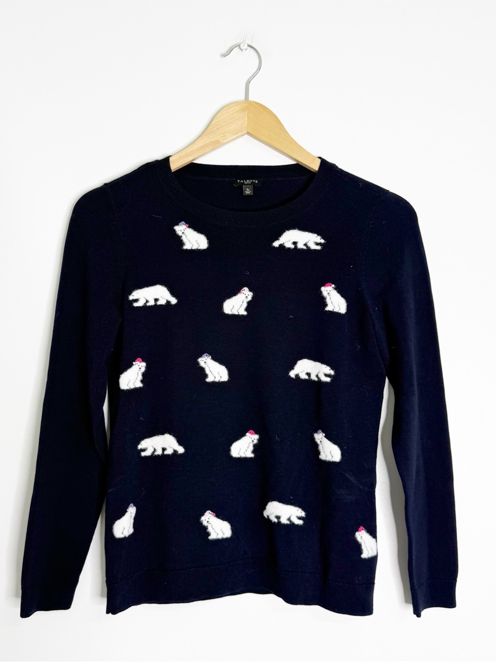 Talbots Polar Bear Crewneck Sweater Size Small Petite Navy Holiday
